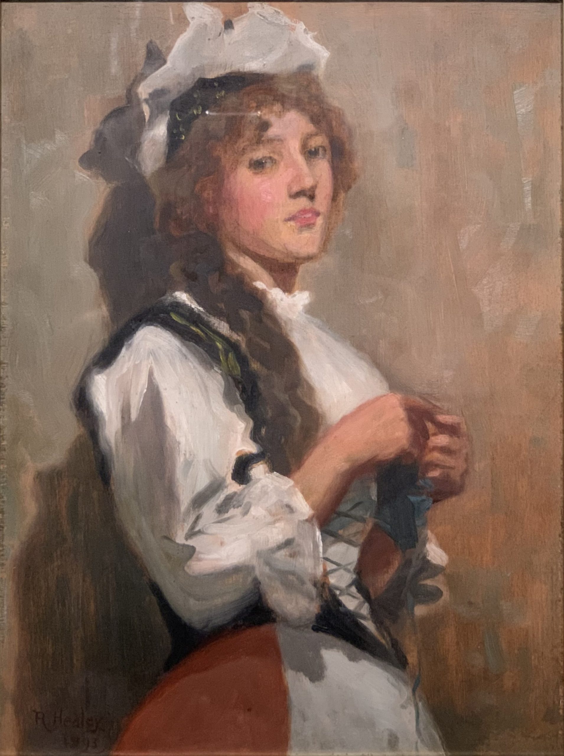 A Girl in Costume Knitting